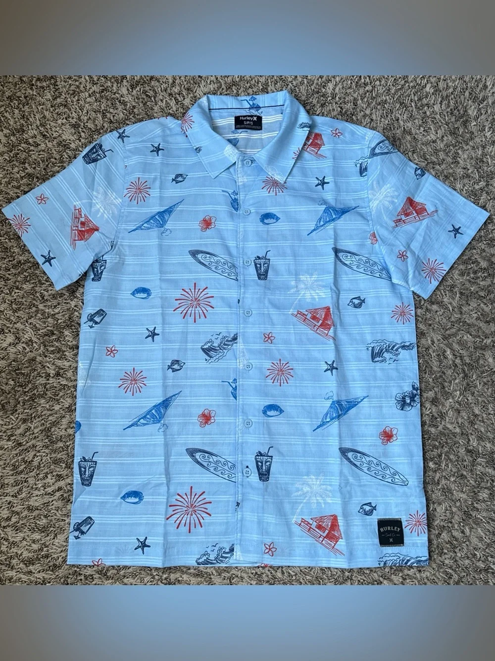 Hurley Light Blue Surf Print Short-Sleeve Button-Up